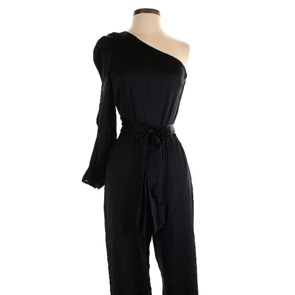 Haney Emerson Black Hammered Silk Jumpsuit Tie Belt One Sleeve size 4/small